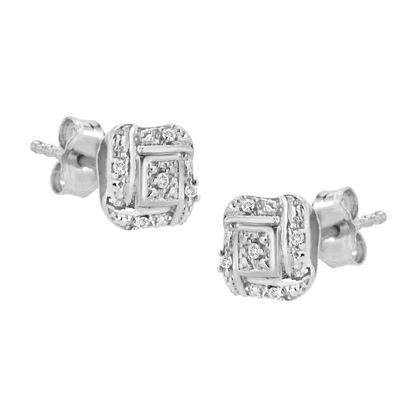 Round-Cut Diamond Swirl Square Knot Stud Earrings in Sterling Silver