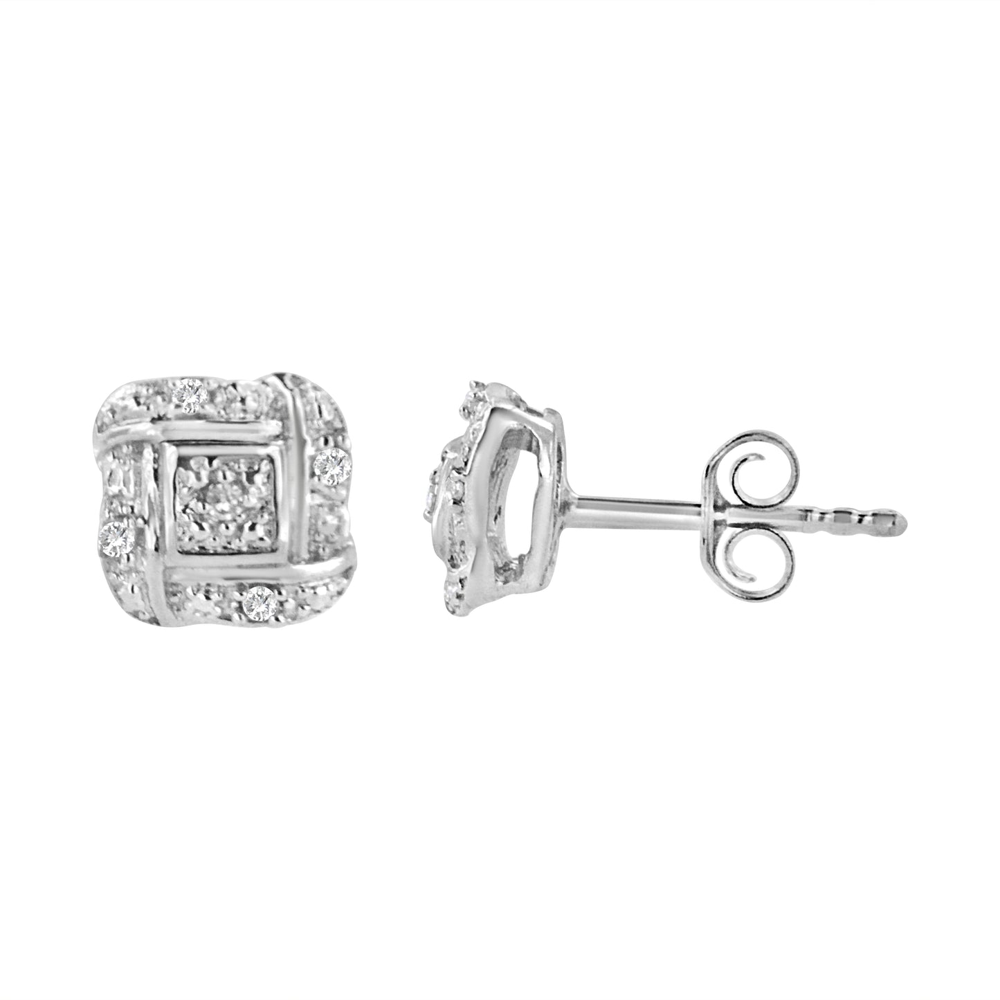 Round-Cut Diamond Swirl Square Knot Stud Earrings in Sterling Silver