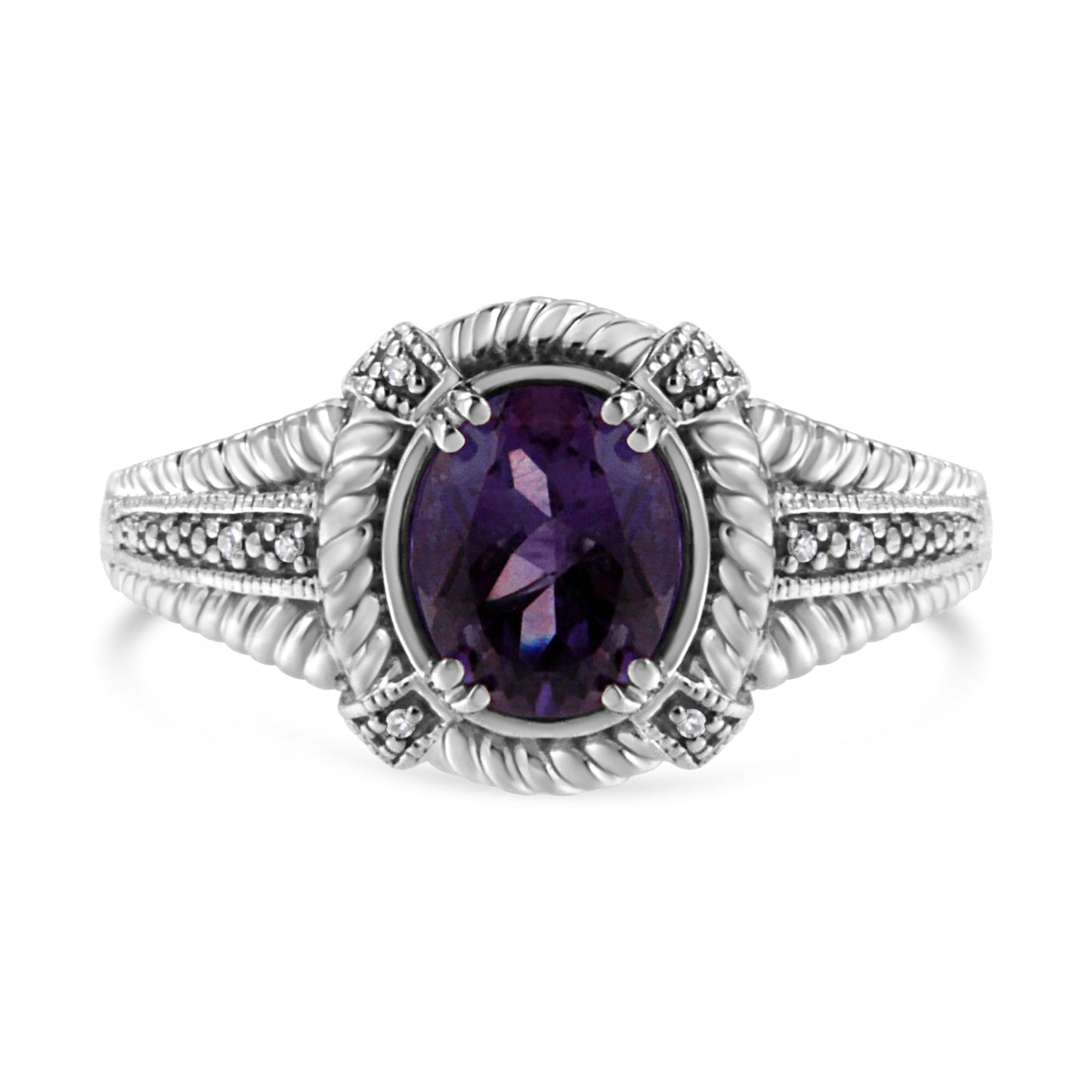 Prong Set Oval Shape 9X7 MM Purple Amethyst Solitaire and Diamond Ring in Sterling Silver