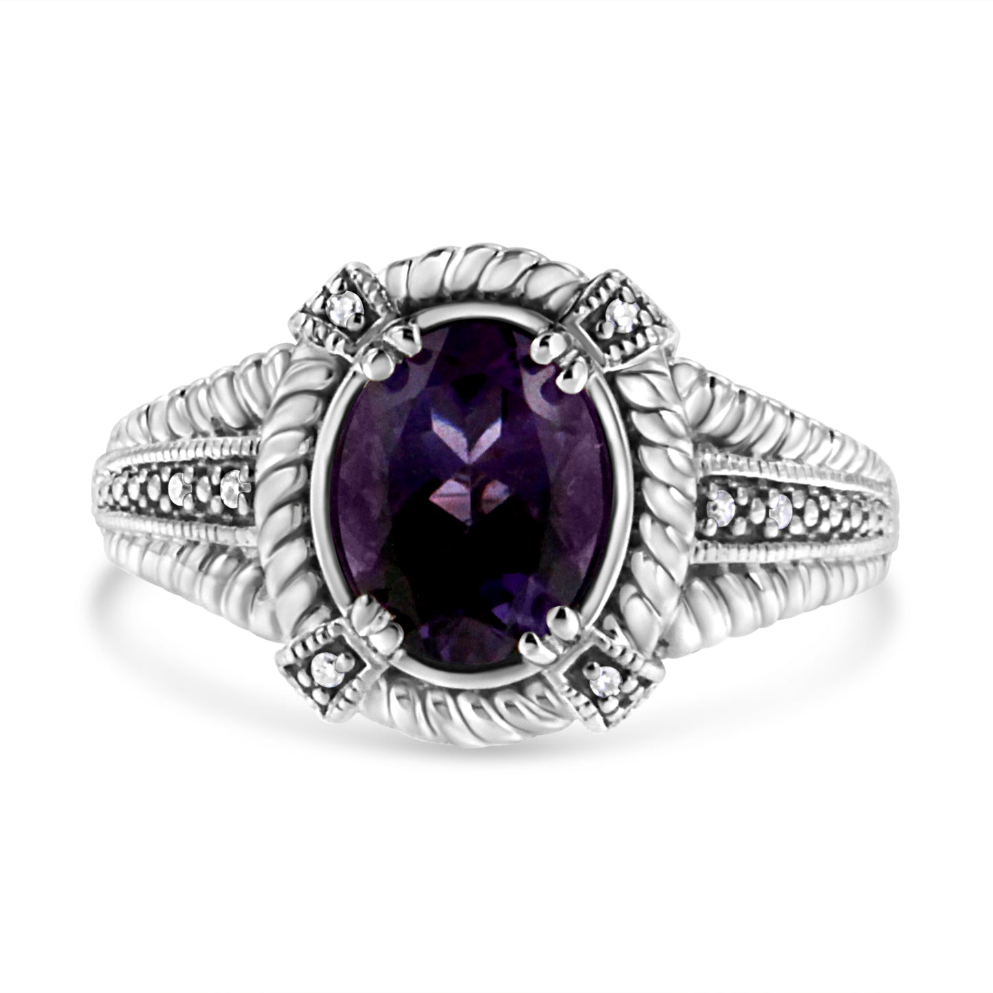 Prong Set Oval Shape 9X7 MM Purple Amethyst Solitaire and Diamond Ring in Sterling Silver