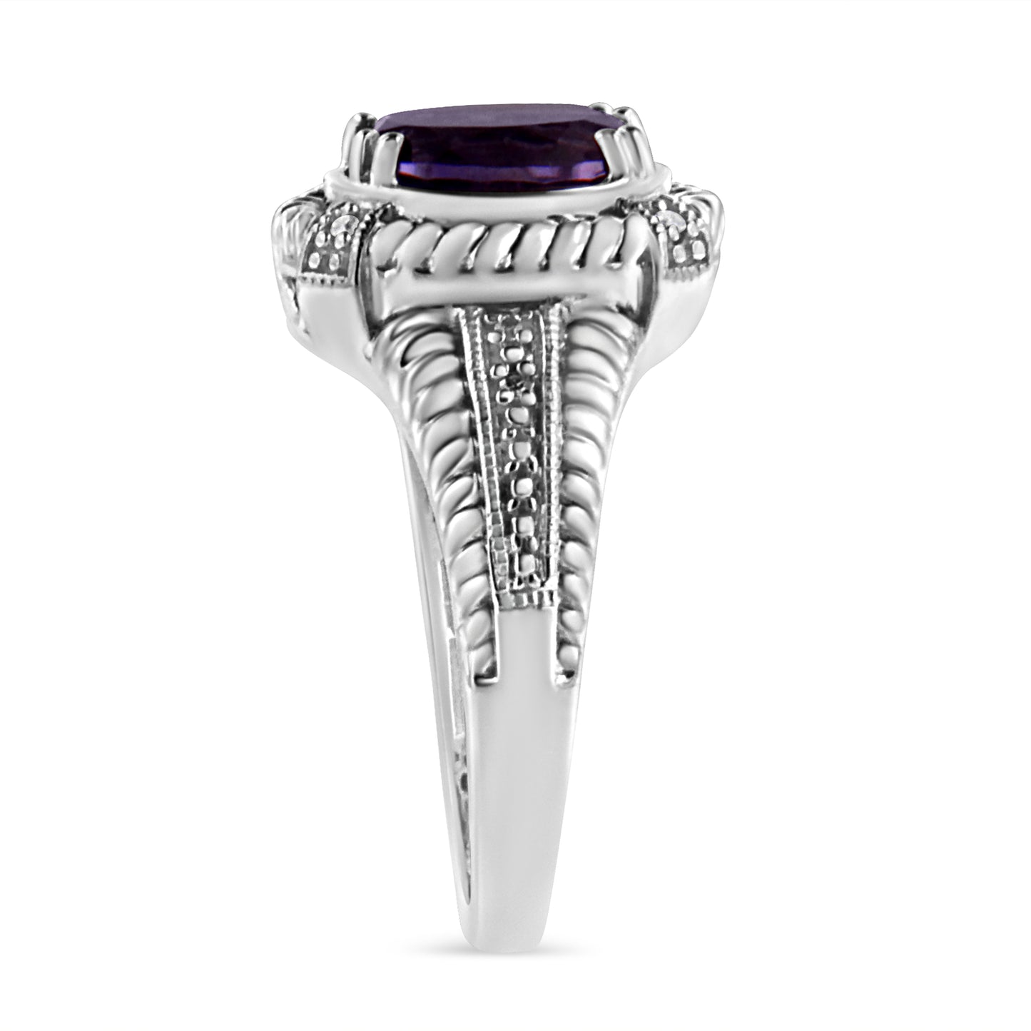 Prong Set Oval Shape 9X7 MM Purple Amethyst Solitaire and Diamond Ring in Sterling Silver