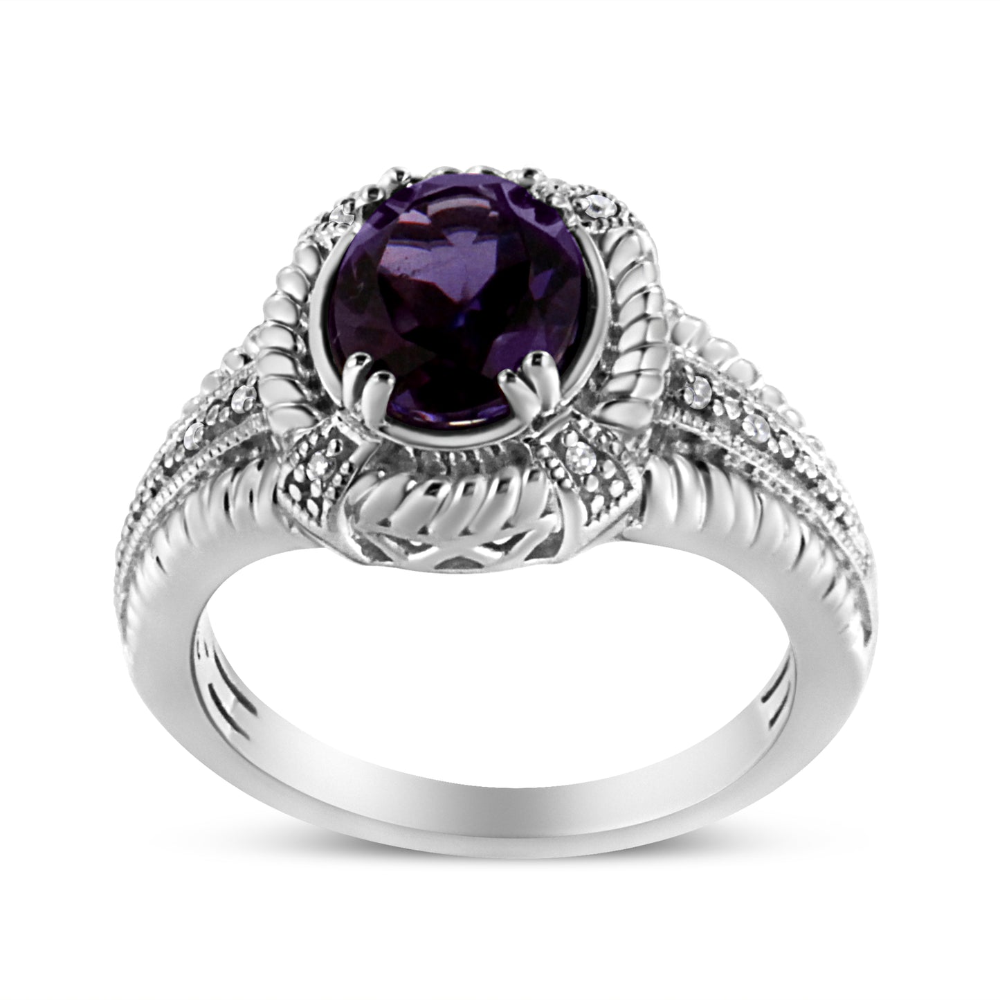 Prong Set Oval Shape 9X7 MM Purple Amethyst Solitaire and Diamond Ring in Sterling Silver