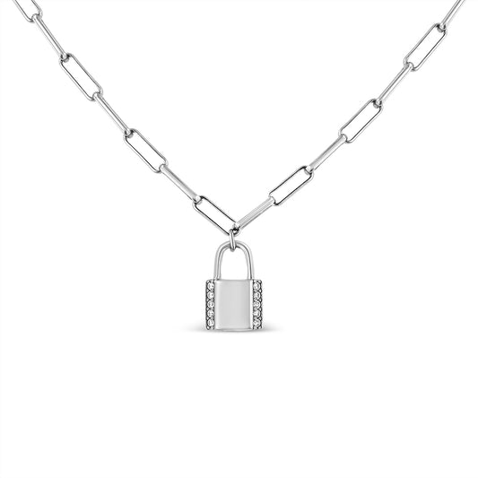 1/10 cttw Round Diamond Lock Pendant on a Paperclip Chain in Sterling Silver