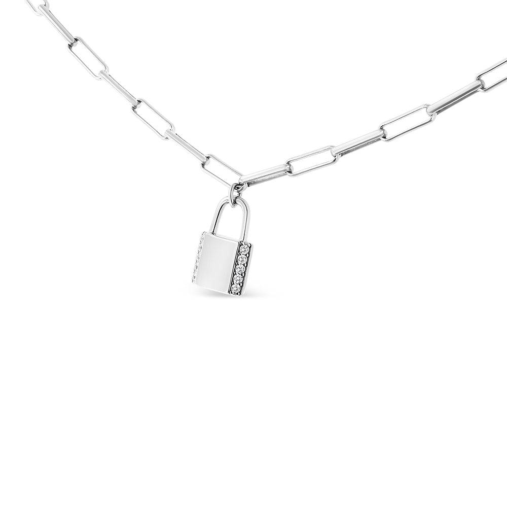 1/10 cttw Round Diamond Lock Pendant on a Paperclip Chain in Sterling Silver