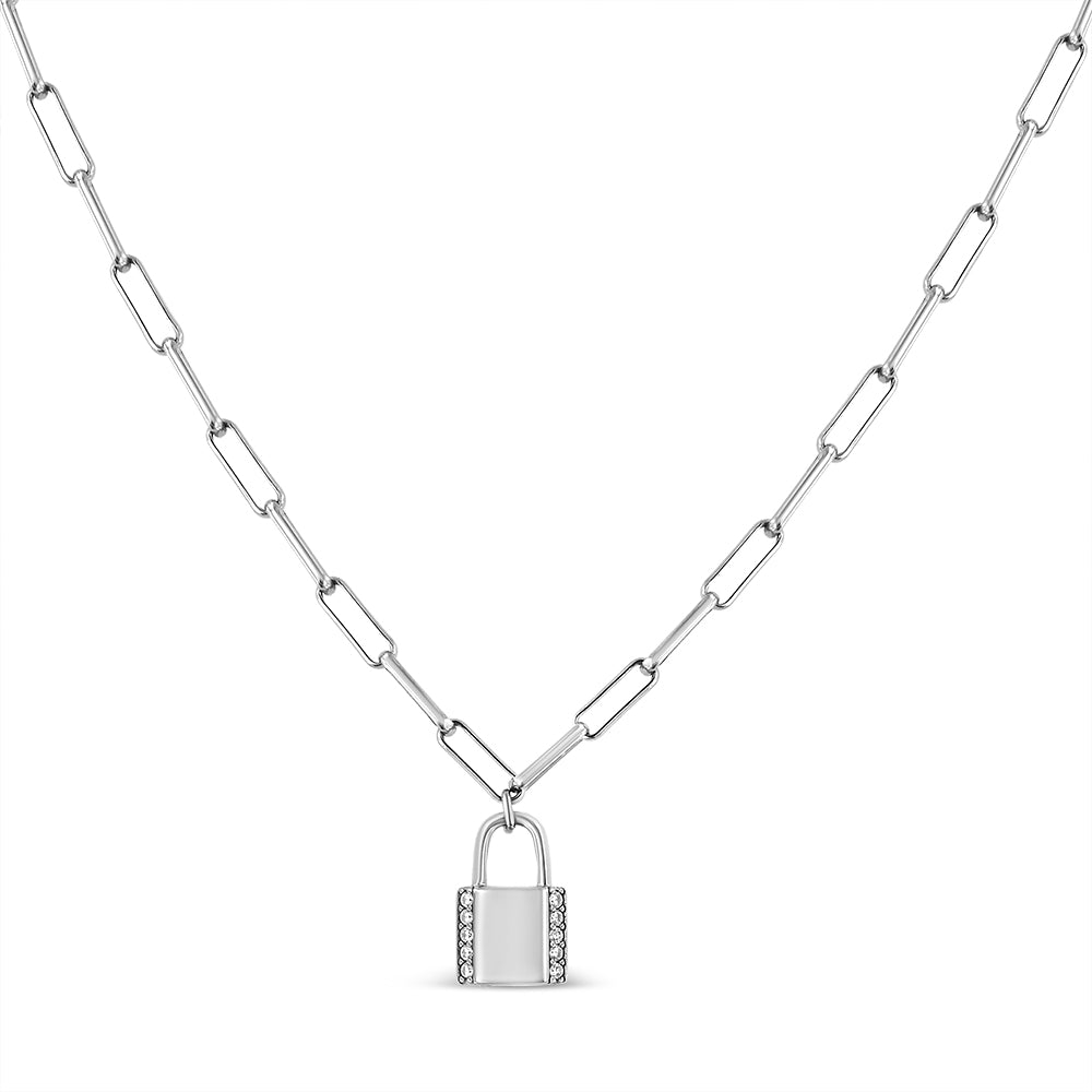 1/10 cttw Round Diamond Lock Pendant on a Paperclip Chain in Sterling Silver